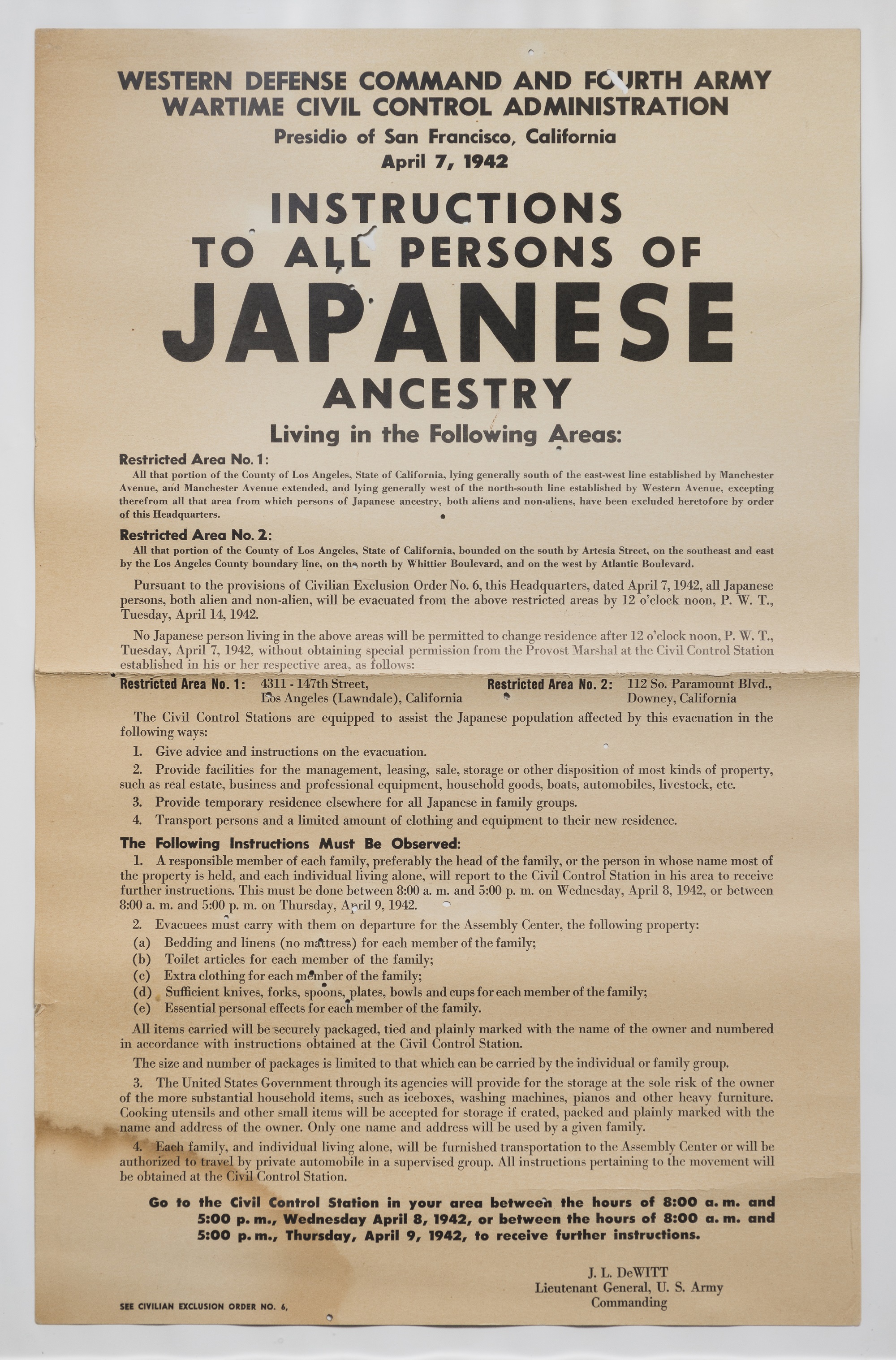 “Instructions to All Persons of Japanese Ancestry” Poster, 1942. Courtesy Stanley Oda. Photo by James Prinz.