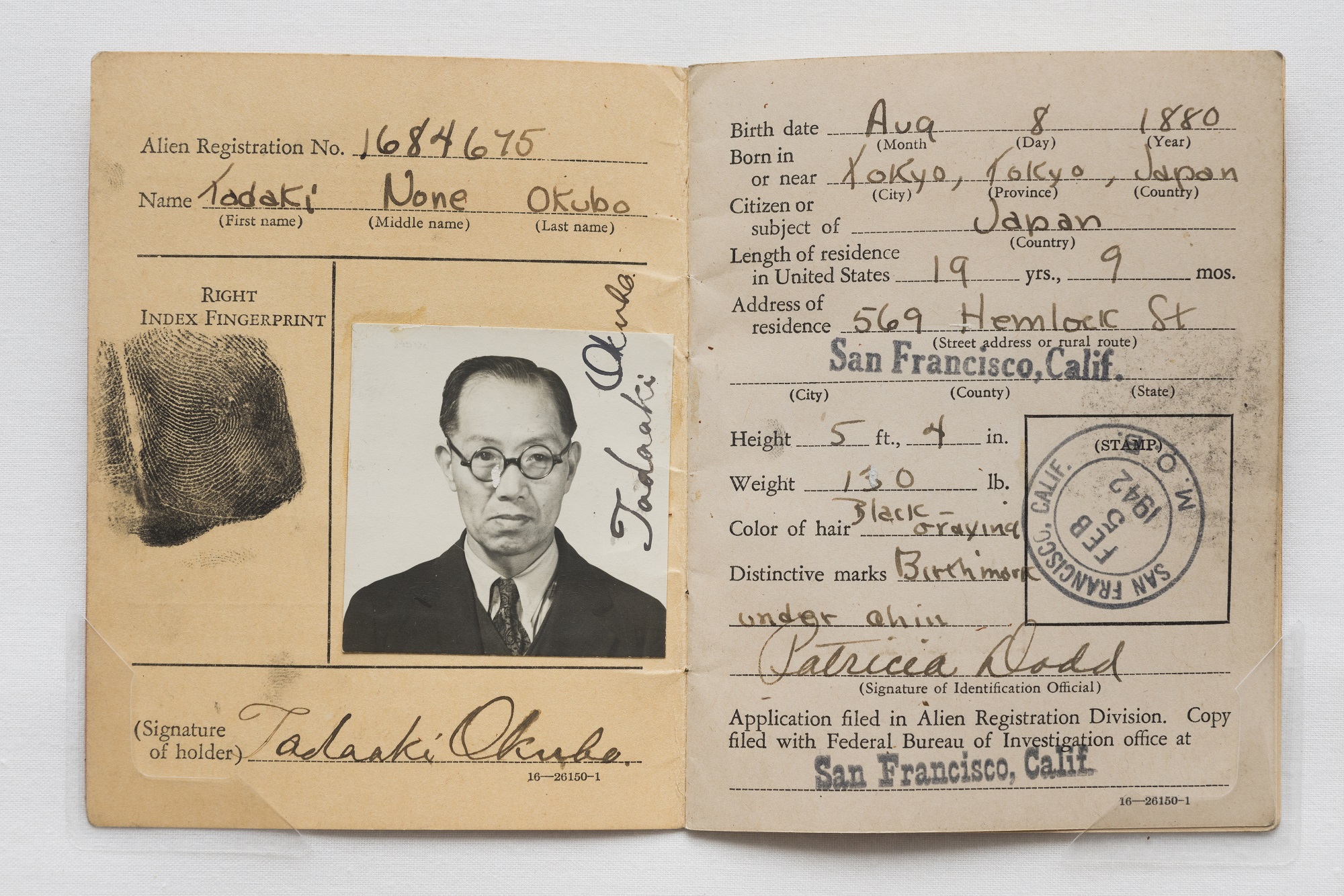 Alien Registration Identification Card for Tadaaki Okubo, 1942. JASC, Okubo Family Papers. Photo by James Prinz.